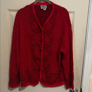 Women's Red Patterned Button-Front Cardigan Sweater